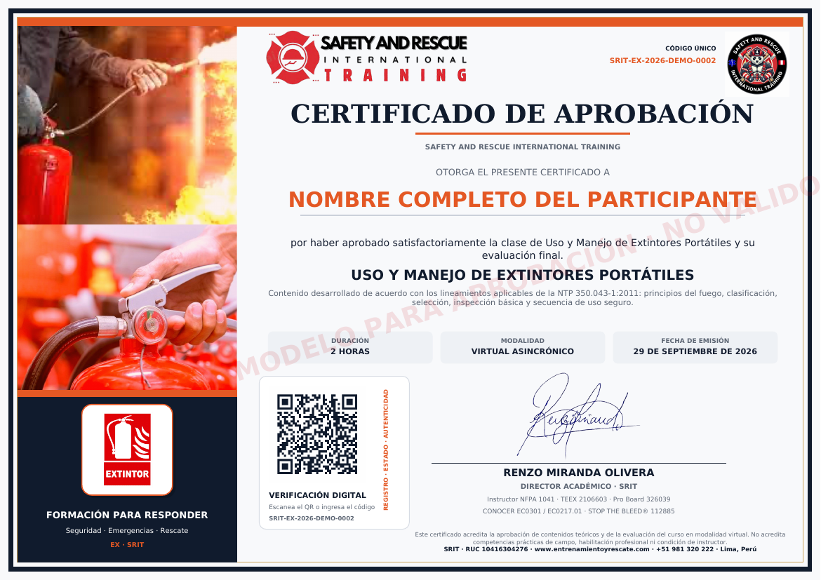 Modelo aprobado del certificado de Uso y Manejo de Extintores