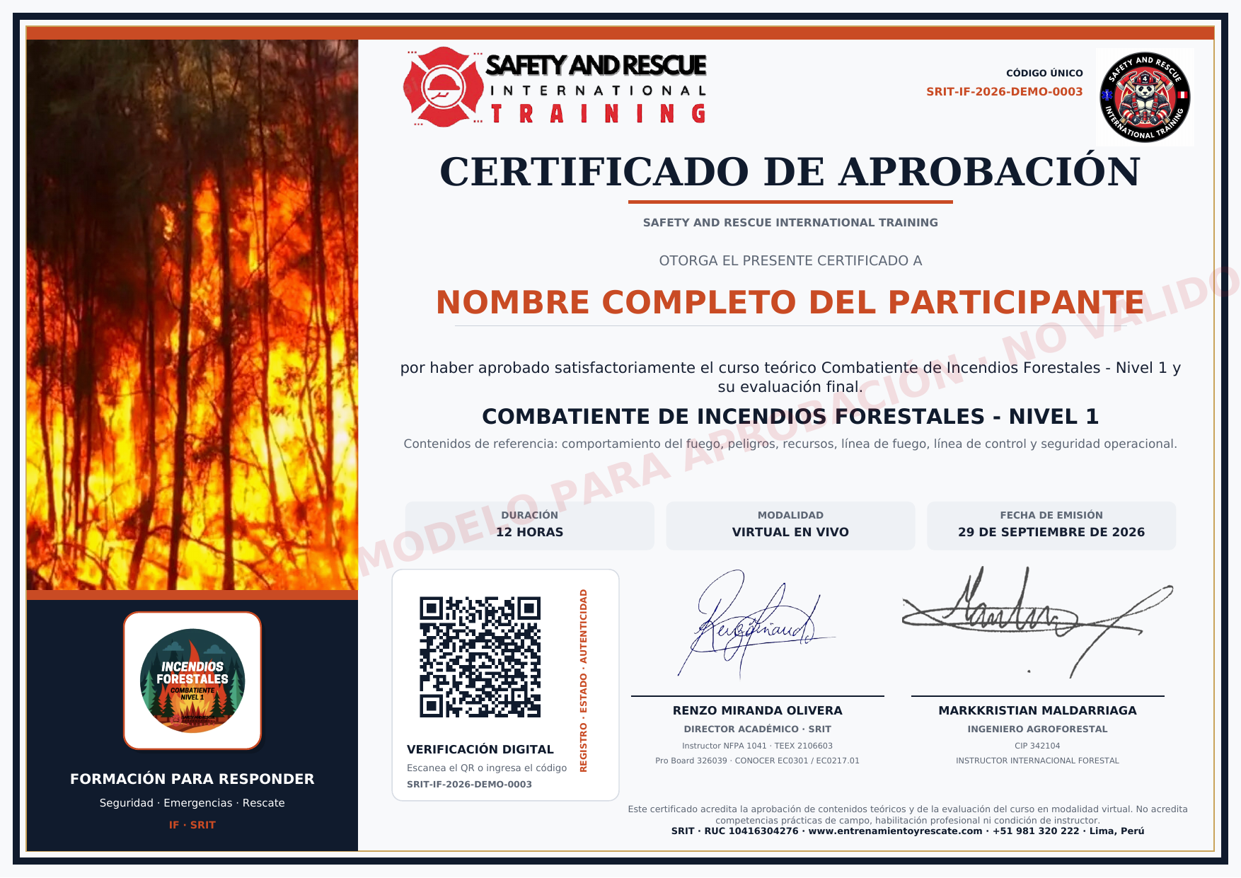Modelo aprobado del certificado de Combatiente de Incendios Forestales — Nivel 1