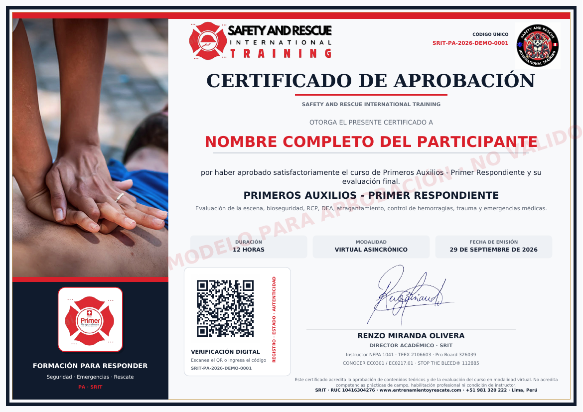 Modelo aprobado del certificado de Primeros Auxilios — Primer Respondiente