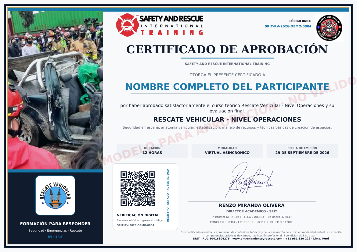 Modelo aprobado del certificado de Rescate Vehicular — Nivel Operaciones