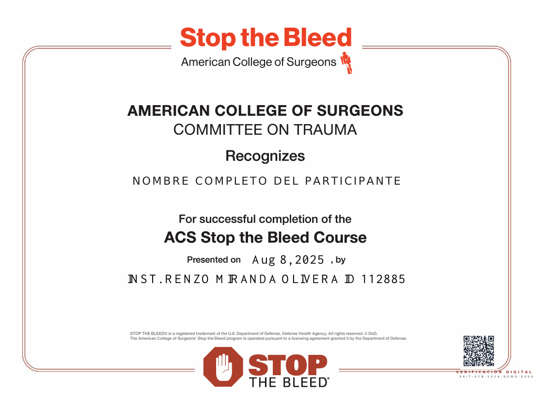 Modelo aprobado del certificado de STOP THE BLEED® — Control de Hemorragias